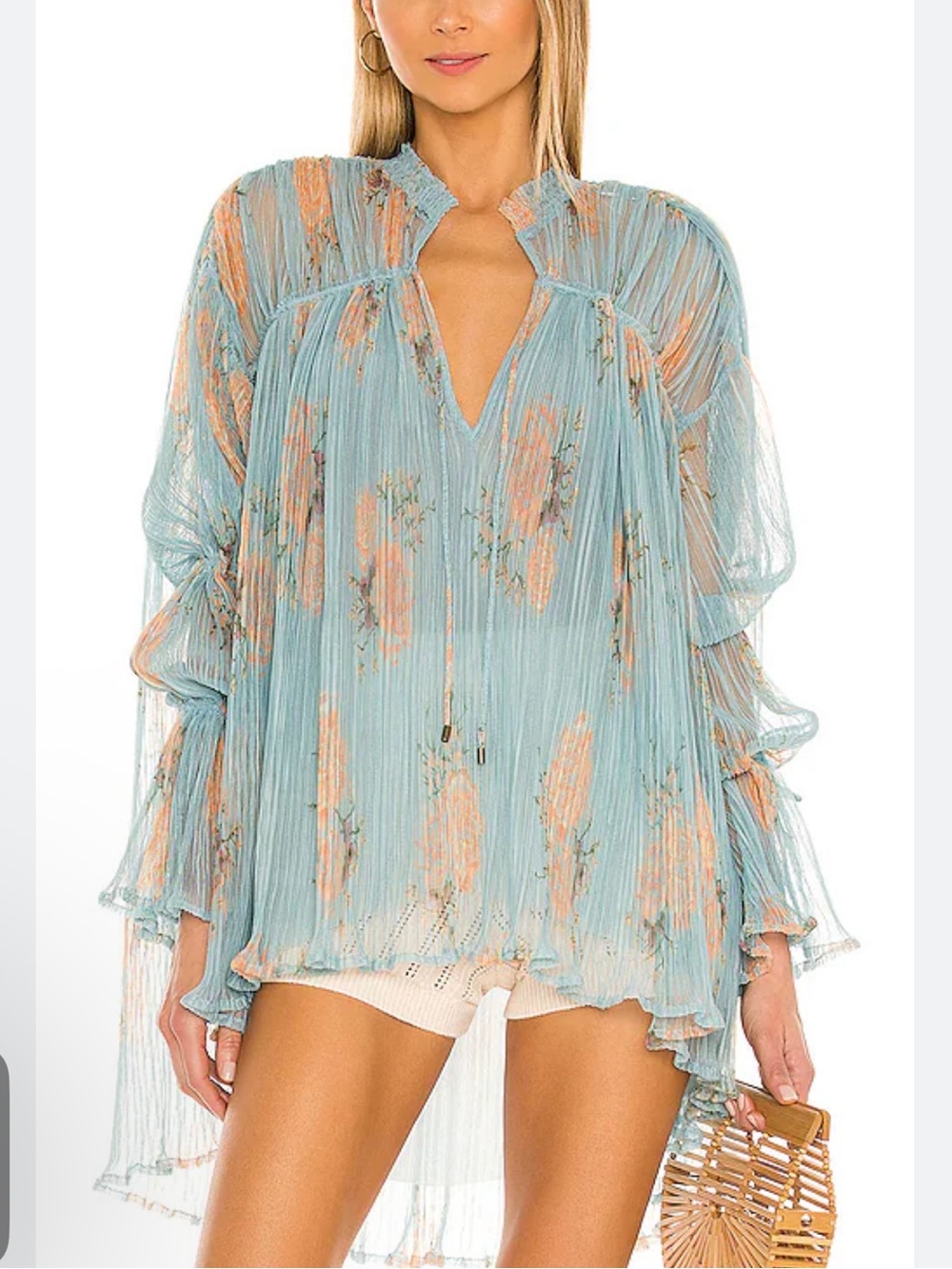 Free People Dahila Mesh Plisse Light Blue Peach Floral Boho Romantic 💕 Tunic - L